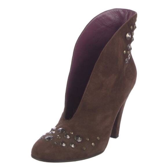 Marc Jacobs Brown Suede Gold Bronze Studded Low Open Front Booties Size 10.5 - Picture 2 of 5